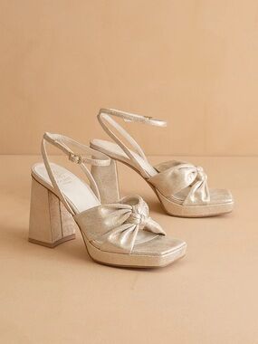 Metallic Knot Front Platform Heeled Sandals - Gold